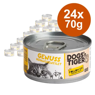 Lot de 24 boîtes DOGS'n TIGER Genuss Hähnchenfilet, 70 g chacune. Texte visible : FOLLOW US! www.dogs-tiger.de. Illustration de chat et poulet sur l’étiquette.