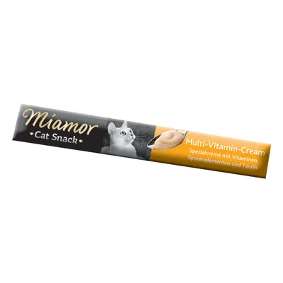 Miamor Cat Snack Multi-Vitamin-Cream, Spezialcreme mit Vitaminen, Spurenelementen und Taurin. Опаковка с изображение на котка и крем върху лъжица.