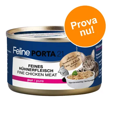 Feline Porta 21 burk med text: Feines Hühnerfleisch, Fine Chicken Meat, pur/pure. Orange cirkel med texten Prova nu! Text på tyska och engelska om inget tillsatt socker.