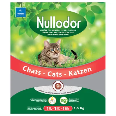Nullodor lugtbindende kattegrus, ultra-absorberende, 1 sæk = 1 måned, 100% biologisk nedbrydelig, 1,5 kg.