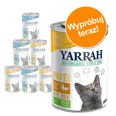 Zestaw puszek Yarrah Bio-Organic Paté dla kotów, widoczne napisy: 'Grain Free Recipe', 'Paté with Chicken', 'With Seaweed & Spirulina', 'BIO ORGANIC', pomarańczowe kółko: 'Wypróbuj teraz!'. Zestaw puszek Yarrah Bio-Organic Paté dla kotów, widoczne napisy: 'Grain Free Recipe', 'Paté with Chicken', 'With Seaweed & Spirulina', 'BIO ORGANIC', pomarańczowe kółko: 'Wypróbuj teraz!'.