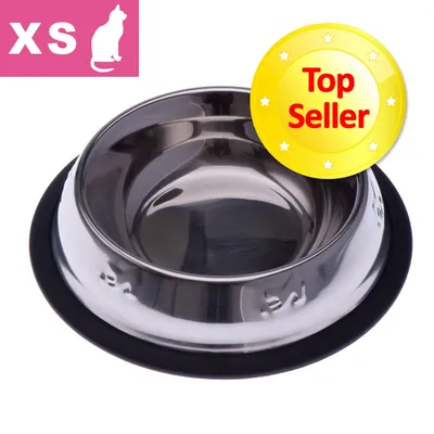 Matskål i metall med svart gummibotten, storlek XS för katt syns uppe till vänster. Gul cirkel med texten Top Seller över skålen.
