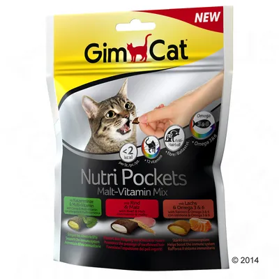 GimCat Nutri Pockets Malt-Vitamin Mix, snack per gatti, <2 kcal, +12 vitamine, Anti-Hairball, Omega 3 & 6. Varianti: multi-vitaminico, manzo e malto, salmone e Omega 3 & 6.