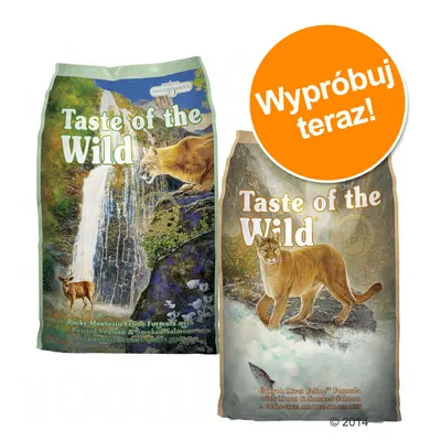 Dwa opakowania Taste of the Wild dla kotów, widoczne napisy: Rocky Mountain Feline Formula, Canyon River Feline Formula. Pomarańczowe koło z tekstem: Wypróbuj teraz!