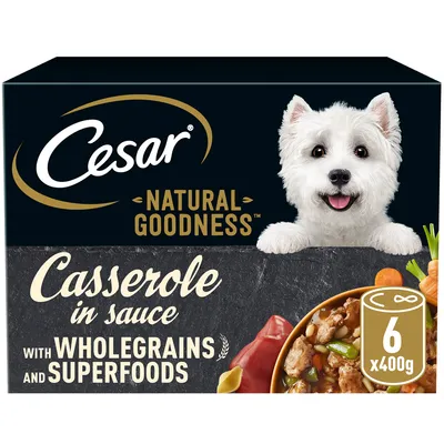 Cesar Natural Goodness casserole in sauce with wholegrains and superfoods, pack contains 6 cans of 400g each.