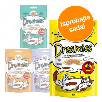 Dreamies grickalice za mačke, četiri različita pakiranja od 60 g s okusima piletine, sira, patke i lososa. Narančasti krug s tekstom: Isprobajte sada! Dreamies grickalice za mačke, četiri različita pakiranja od 60 g s okusima piletine, sira, patke i lososa. Narančasti krug s tekstom: Isprobajte sada!