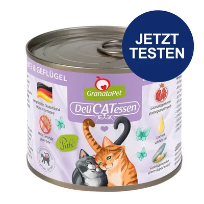 GranataPet DeliCATessen Paté mit Geflügel. Hergestellt in Deutschland, ohne Getreide, keine Tierversuche. Enthält Granatapfelkerne, Lachsöl und Grünlippmuschel. Jetzt testen.