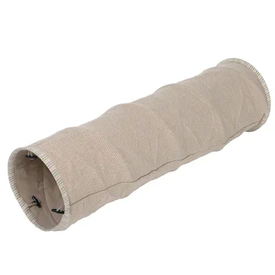 Tunnel pour animaux en tissu beige, forme cylindrique, extrémités renforcées, intérieur uni, crochets visibles à l'entrée. Aucun logo ou texte apparent.