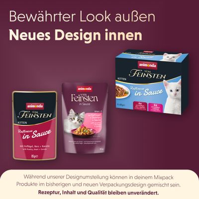 animonda vom Feinsten Kitten Raffinesse in Sauce, neues und altes Verpackungsdesign. Rezeptur, Inhalt und Qualität bleiben unverändert.