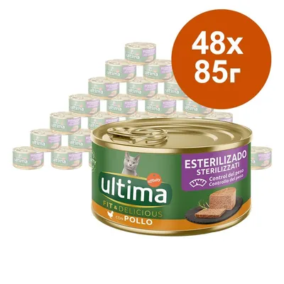 48 консерви по 85 г Ultima Fit & Delicious con Pollo за кастрирани котки, етикет с текст: Esterilizado Sterilizzati, Control del peso. Изображение на пастет и котка.
