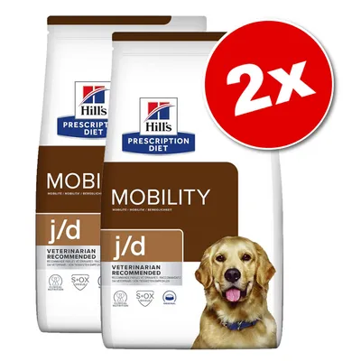 Lot de 2 sacs Hill's Prescription Diet Mobility j/d, texte visible : VETERINARIAN RECOMMENDED, S+OX SHIELD, ORIGINAL, image d’un chien sur l’emballage.