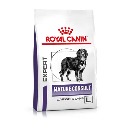 Sac de croquettes Royal Canin Expert Mature Consult Large Dogs L, avec image d’un grand chien noir et blanc. Texte visible : EXPERT, MATURE CONSULT, LARGE DOGS, L.