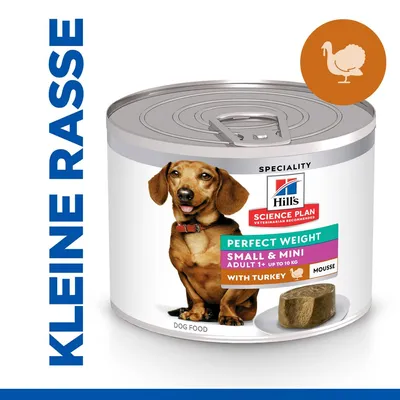 Hill's Science Plan Perfect Weight Small & Mini Adult 1+ bis 10 kg, mit Truthahn, Mousse. Speziell für kleine Rassen. Hill's Science Plan Perfect Weight Small & Mini Adult 1+ bis 10 kg, mit Truthahn, Mousse. Speziell für kleine Rassen.