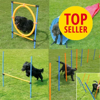 Koiran agilityrata: hyppyeste, rengaseste, tunneli ja pujottelukeppirata. Keltainen ympyrä, jossa punaisella teksti TOP SELLER.