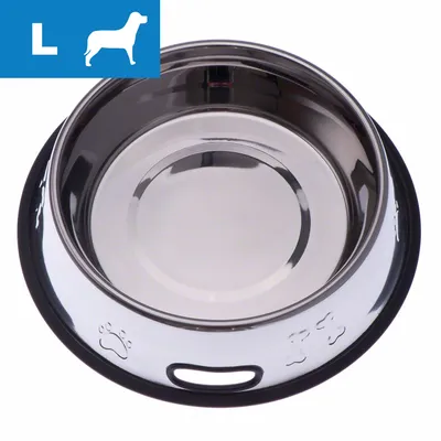 Iso koiran ruokakuppi, ruostumatonta terästä, reunassa tassu- ja luukuviot. Vasemmassa yläkulmassa sininen L-merkki ja koiran siluetti.