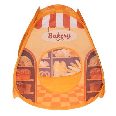 Legetelt med bagerimotiv, orange design med brød og bagværk på hylder, indgang i midten.