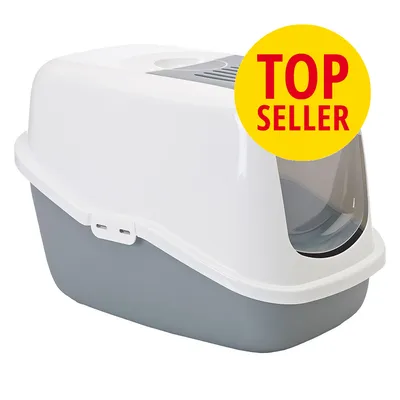 Harmaavalkoinen kannellinen kissanvessa, etuosassa läpinäkyvä luukku. Keltaisessa ympyrässä punainen teksti: TOP SELLER.