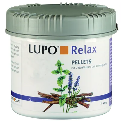 LUPO Relax Pellets, 400g, wspomagające układ nerwowy. Na opakowaniu przedstawiono miętę, lawendę i laski cynamonu.