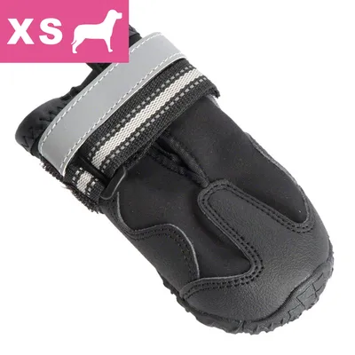 Sort hundesko i størrelse XS med grå refleksrem og synlige forstærkninger. Tekst: XS med hvid silhuet af hund øverst til venstre.