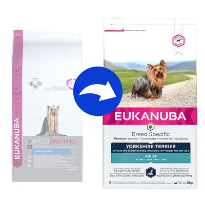 Confronto tra vecchio e nuovo packaging Eukanuba Breed Specific per Yorkshire Terrier, con immagine del cane e testo visibile: 'Eukanuba', 'Breed Specific', 'Yorkshire Terrier', 'Adult'. Confronto tra vecchio e nuovo packaging Eukanuba Breed Specific per Yorkshire Terrier, con immagine del cane e testo visibile: 'Eukanuba', 'Breed Specific', 'Yorkshire Terrier', 'Adult'.