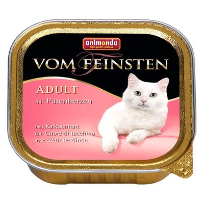 animonda Vom Feinsten ADULT mit Putenherzen, met Kalkoenhart, con Cuore di tacchino, avec cœur de dinde. Kat på lyserød baggrund. Firkantet bakke med guldkant.