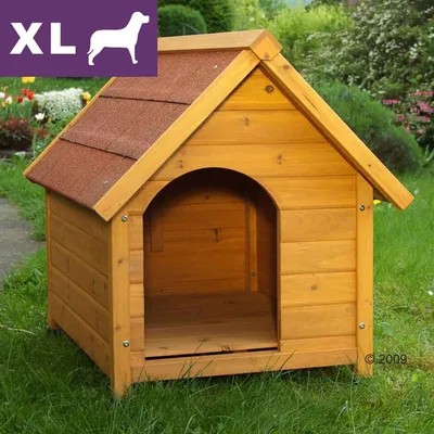 Drewniana buda dla psa, rozmiar XL widoczny w lewym górnym rogu na fioletowym tle z ikoną psa. Buda stoi na trawie w ogrodzie.