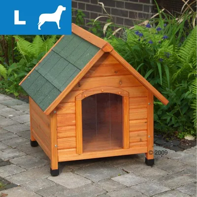 Drewniana buda dla psa z zielonym dachem, rozmiar L widoczny w lewym górnym rogu na niebieskim tle z ikoną psa.