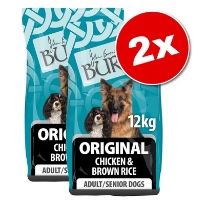 Lot de 2 sacs John Burns Original Chicken & Brown Rice pour chiens adultes/seniors, 12 kg chacun, mention visible : ADULT/SENIOR DOGS. Lot de 2 sacs John Burns Original Chicken & Brown Rice pour chiens adultes/seniors, 12 kg chacun, mention visible : ADULT/SENIOR DOGS.