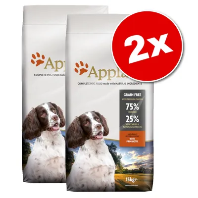Lot de 2 sacs Applaws croquettes chien, sans céréales, 75 % poulet, 25 % légumes et extraits naturels, 15 kg chacun. Texte en anglais sur l'emballage.