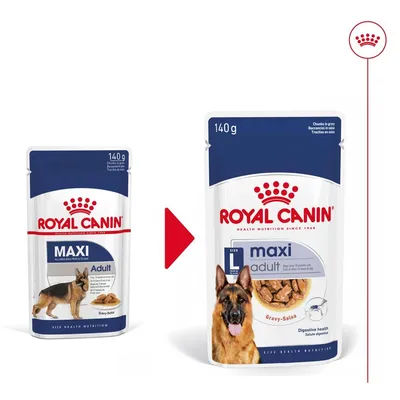 Две опаковки Royal Canin Maxi Adult 140 г с различен дизайн, показващи промяна на външния вид. Видими са надписи: maxi, adult, Gravy-Salsa, Digestive health. Две опаковки Royal Canin Maxi Adult 140 г с различен дизайн, показващи промяна на външния вид. Видими са надписи: maxi, adult, Gravy-Salsa, Digestive health.