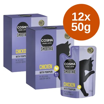 Cosma Smoothie Chicken with Pumpkin, 12x50g, bezzbożowa receptura w bulionie drobiowym. Opakowanie z czarną sylwetką kota.