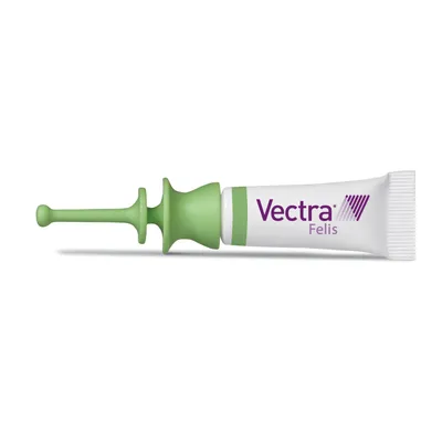 Vectra Felis, grüne Applikatortube für Tierpflegeprodukte.