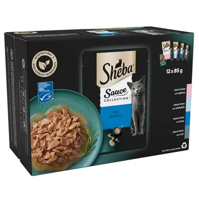 Sheba Sauce Collection Fish Selection, 12 x 85g. Includes salmon, whitefish, tuna and cod varieties. Made with natural high quality ingredients. MSC certified sustainable seafood. Sheba Sauce Collection Fish Selection, 12 x 85g. Includes salmon, whitefish, tuna and cod varieties. Made with natural high quality ingredients. MSC certified sustainable seafood.