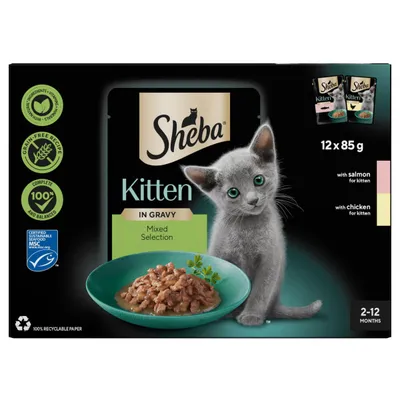 Sheba Kitten in Gravy Mixed Selection, 12 x 85g pouches with salmon and chicken for kittens aged 2-12 months. Grain-free, complete and balanced recipe. 100% recyclable paper packaging.