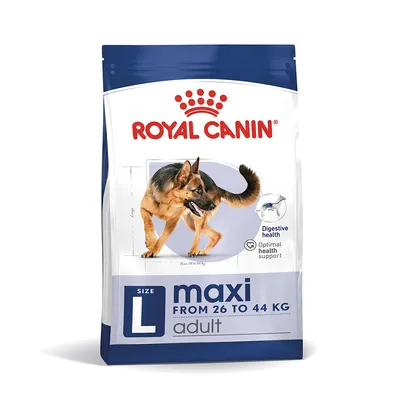 Royal Canin Maxi Adult, размер L, за кучета от 26 до 44 кг. Подпомага храносмилателното здраве и оптималното здраве.