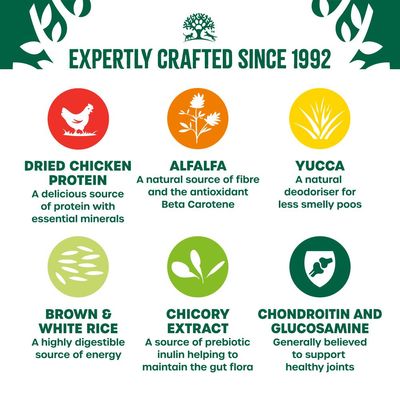 Key ingredients: dried chicken protein, alfalfa, yucca, brown and white rice, chicory extract, chondroitin and glucosamine, with their nutritional benefits listed.