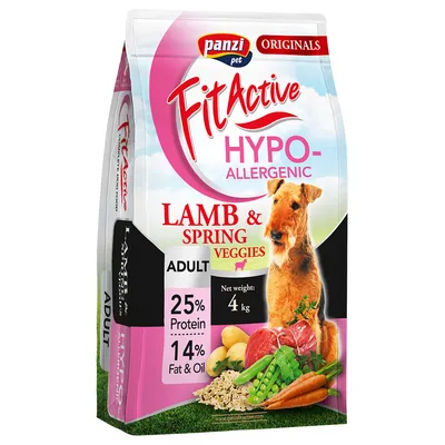 Panzi Pet Fit Active hypoallergeniskt vuxenfoder för hund med lamm och vårgrönsaker, 25 % protein, 14 % fett och olja, nettovikt: 4 kg.