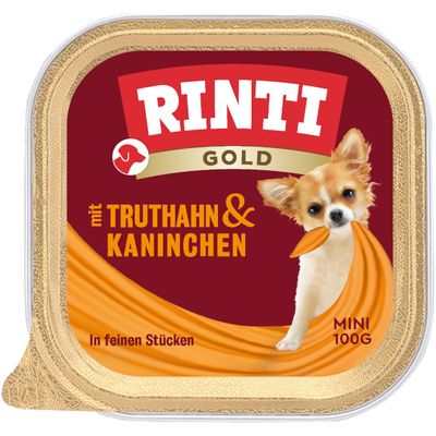 Rinti Gold pulykával és nyúllal, Mini 100 g, finom darabokban. A csomagoláson egy kis kutya látható.