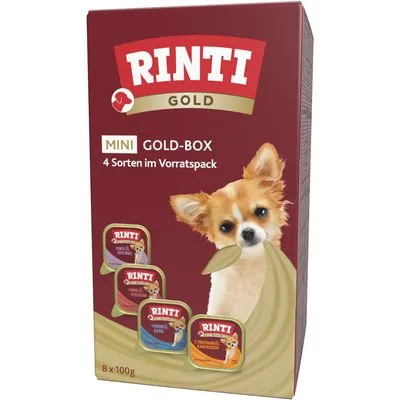 RINTI Gold Mini Gold-Box, 4 soorten in Vorratspack, 8×100g. Tekst deels in het Duits: '4 Sorten im Vorratspack'. Afbeelding van kleine hond en vier kuipjes natvoer. RINTI Gold Mini Gold-Box, 4 soorten in Vorratspack, 8×100g. Tekst deels in het Duits: '4 Sorten im Vorratspack'. Afbeelding van kleine hond en vier kuipjes natvoer.