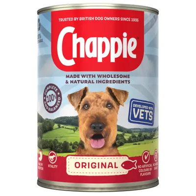 Chappie Original, made with natural ingredients, developed with veterinarians, 100% balanced, no artificial colourings or sugar. Vitality and healthy digestion. Chappie Original, made with natural ingredients, developed with veterinarians, 100% balanced, no artificial colourings or sugar. Vitality and healthy digestion.