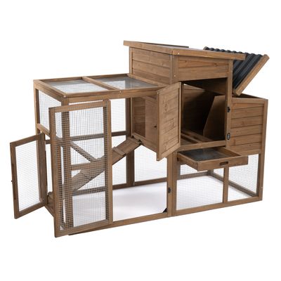 Wooden enclosure with metal mesh walls, multiple doors, ramps and removable roof. Suitable for small animals or birds. Visible drawer for easy cleaning.