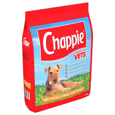Chappie complete and balanced nutrition with chicken and whole grain cereal. No artificial colours, flavours, added sugar, eggs or dairy. Developed with vets. 15kg bag.