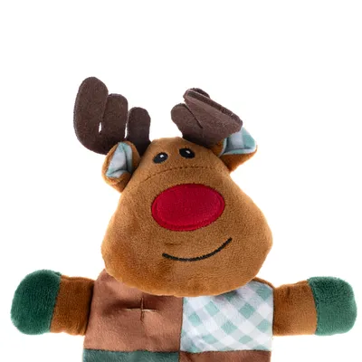 Plush toy in reindeer shape with red nose, brown antlers and green checked details. Suitable for pets to play or cuddle.