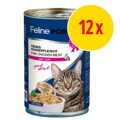 Feline Porta kattmat, burk med text: FEINES HÜHNERFLEISCH FINE CHICKEN MEAT pur/pure, 12 x. Bild på katt och kycklingkött i skål. Text: no added sugar, your cat will love it!