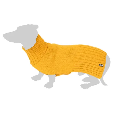 Gelber Strickpullover mit Rollkragen für Hunde, sichtbares FG-Logo am Rücken.