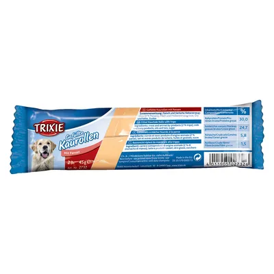 Emballage Trixie Gefüllte Kaurollen Mit Pansen, 2 pièces 45 g. Analyse : protéines brutes 30 %, matières grasses brutes 24,7 %, cendres brutes 5,8 %, fibres brutes 1,5 %.