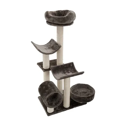 Multi-level scratching post with several platforms, a tunnel, and two round beds. Features sisal-wrapped posts for climbing and scratching. Multi-level scratching post with several platforms, a tunnel, and two round beds. Features sisal-wrapped posts for climbing and scratching.
