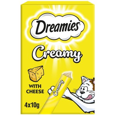 Dreamies Creamy with cheese, pack of 4 x 10g shown. Image displays a creamy treat stick and cheese illustration.