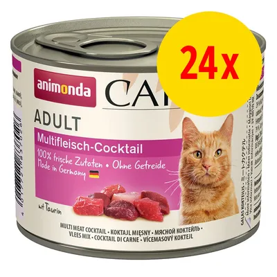animonda Carny Adult Multifleisch-Cocktail kissanruokapurkki, 24x. Teksti: 100% frische Zutaten, Ohne Getreide, Made in Germany. Kuvassa oranssi kissa ja lihapaloja. animonda Carny Adult Multifleisch-Cocktail kissanruokapurkki, 24x. Teksti: 100% frische Zutaten, Ohne Getreide, Made in Germany. Kuvassa oranssi kissa ja lihapaloja.
