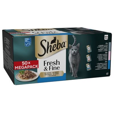 Sheba Fresh & Fine in Gravy 50x50g megapack, showing three pouch varieties with quantities: 17, 16, and 17. Product image includes food serving suggestion.